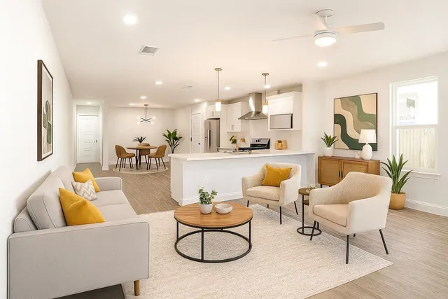 an empty room with wooden floor chandelier fan and windows