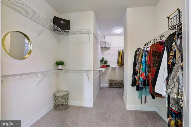 a view of walk in closet with clothes and shoes