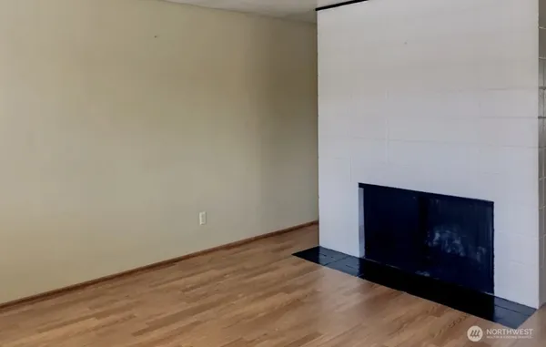 a room with a fireplace