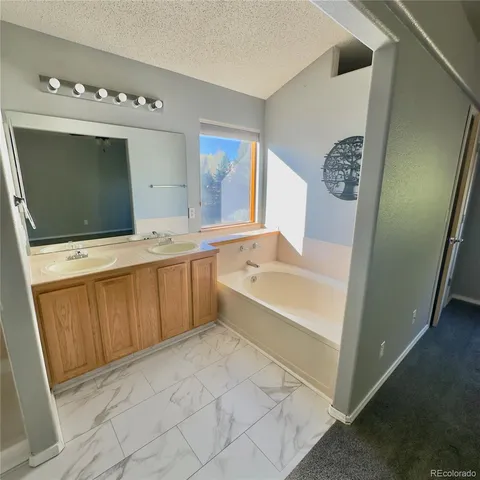 a bathroom with a tub sink and mirror