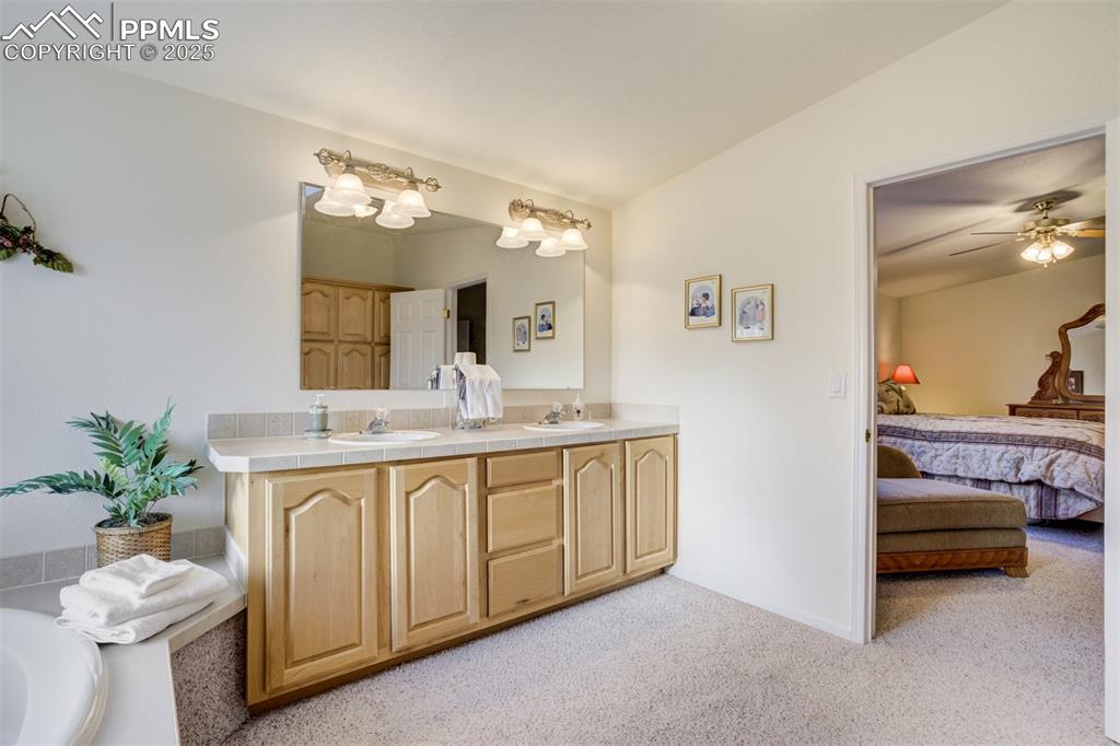 688 Tiara Road Lake George, CO 80827 - Photo 18 of 46 a spacious bathroom with a double vanity sink and a mirror