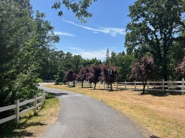 a view of outdoor space with seating area and trees around
