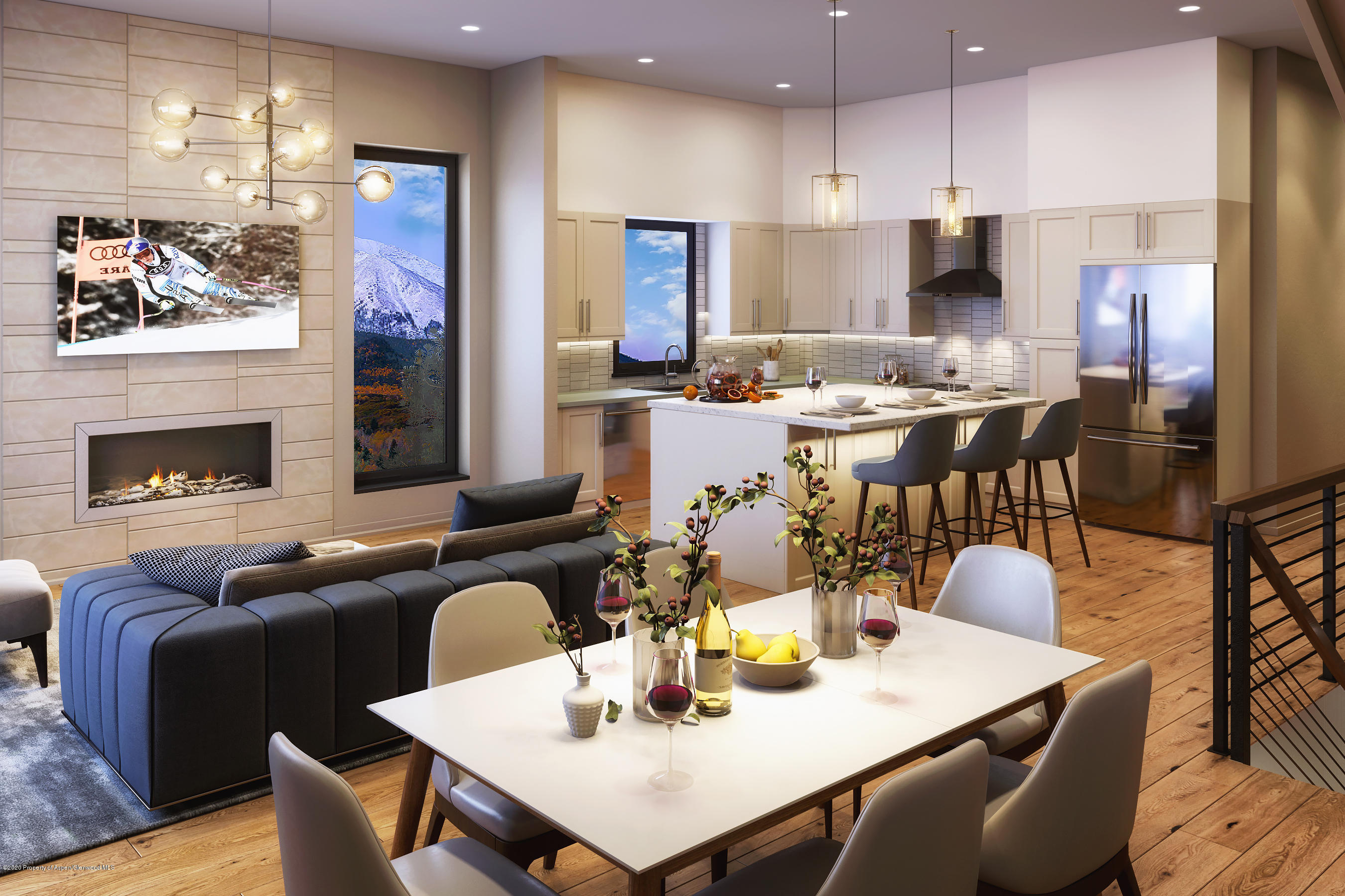 a dinning room with stainless steel appliances kitchen island granite countertop a dining table and chairs