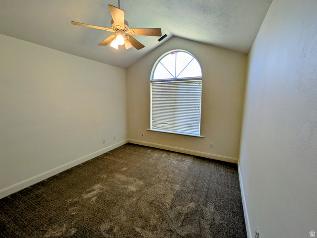 441 Main Street Hurricane, UT 84737 - Photo 20 of 29 Vaulted ceiling with a ceiling fan, arched window with horizontal blinds, and wall-to-wall carpeting