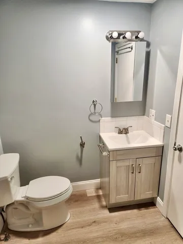 a bathroom with a sink a toilet and mirror