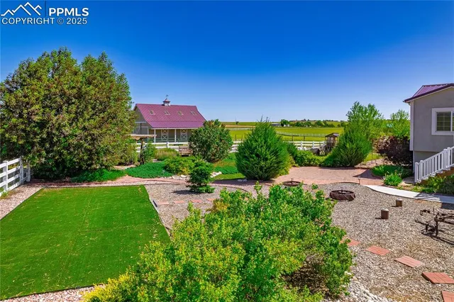 a view of a yard with a house in the background