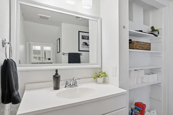 a bathroom with a sink and a mirror