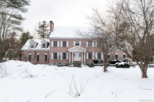 a view of a white house with a snow in the background