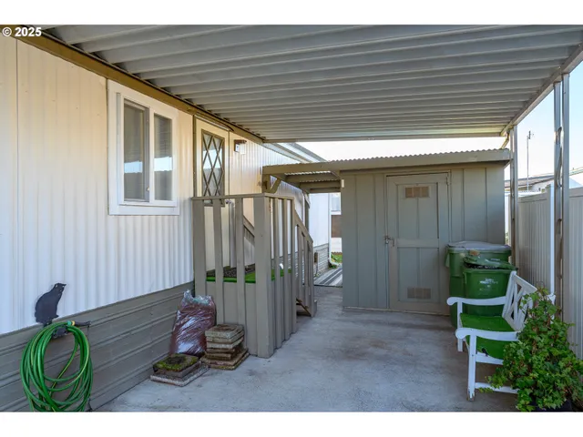 a porch with seating space