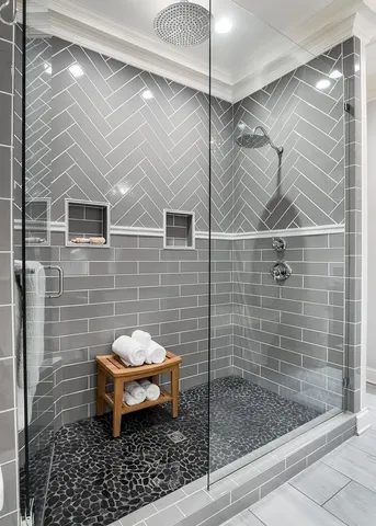 a view of a swimming pool with lawn chairs and plants