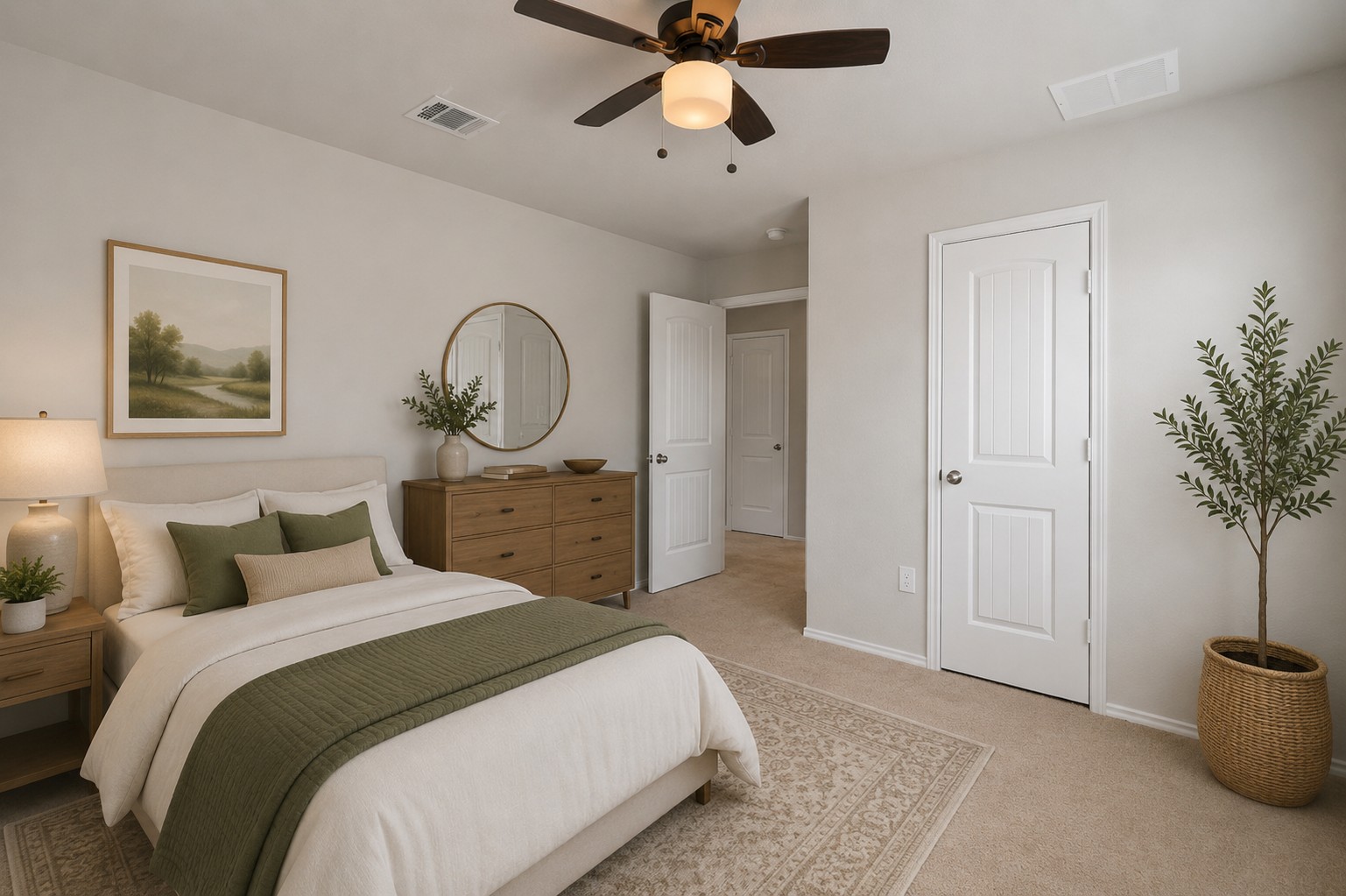 6121 Ronee Leah Drive Austin, TX 78724 - Photo 21 of 30 A tranquil primary bedroom with plush carpet and a stylish ceiling fan offers serene relaxation.