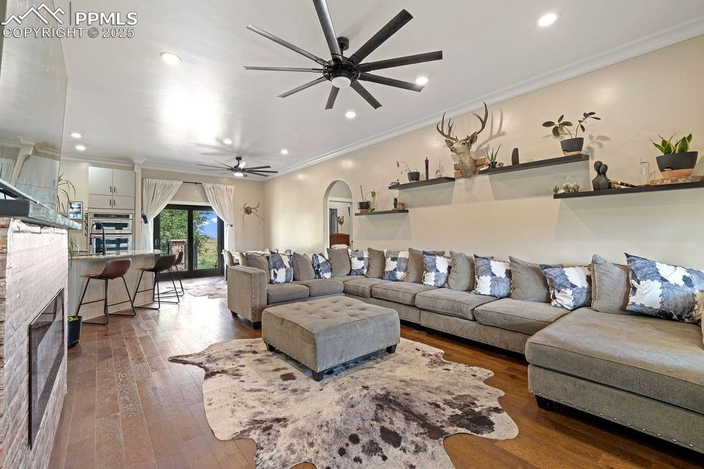 8450 Edison Road Yoder, CO 80864 - Photo 5 of 50 Living room with a glass covered fireplace, ornamental molding, wood-type flooring, recessed lighting, and arched walkways