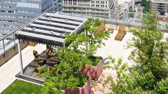 a bathroom with a large window sink and bathtub