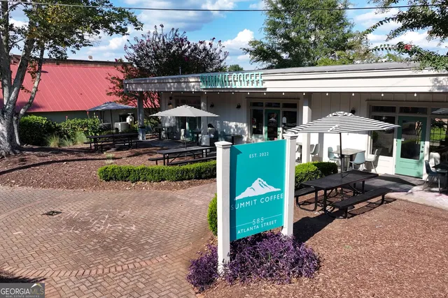 an outdoor space with seating space