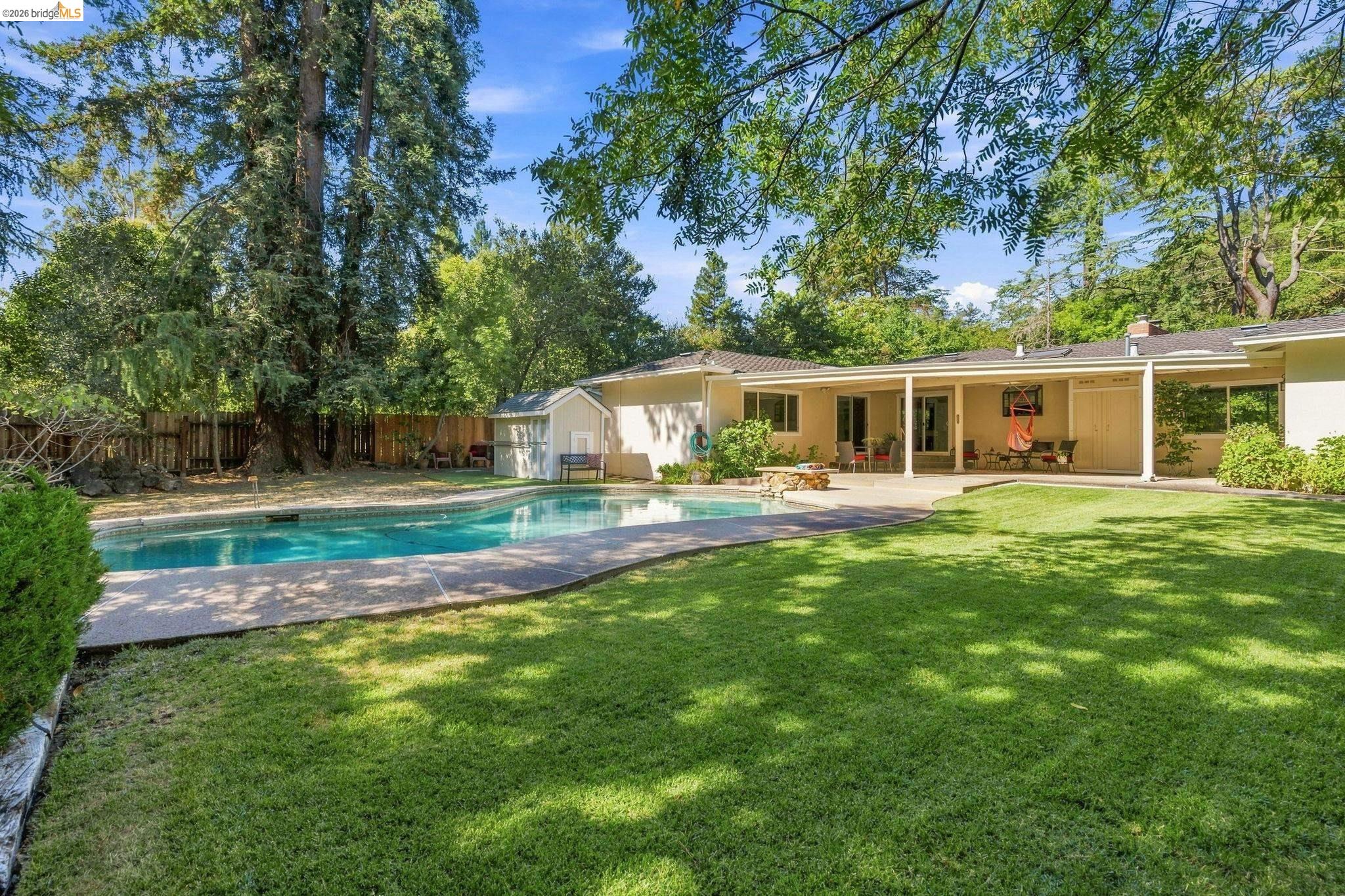 5075 Alhambra Valley Road Martinez, CA 94553 - Photo 36 of 68 Expansive backyard featuring a large swimming pool, concrete patio, a detached shed, and mature perimeter trees