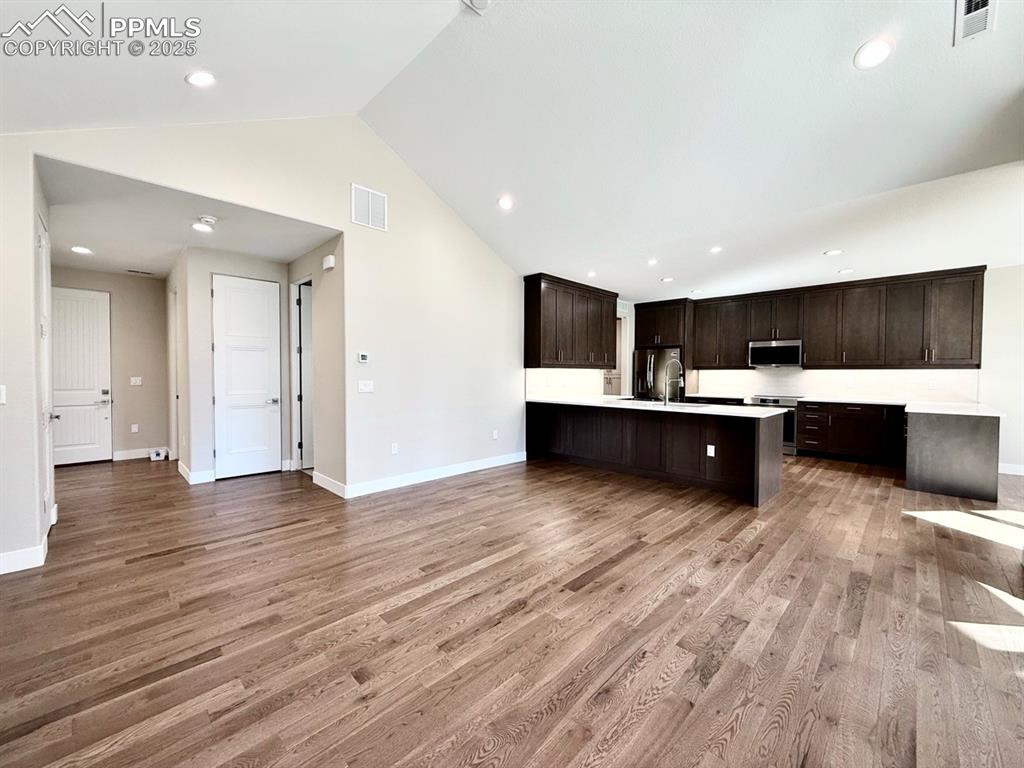 3135 Promise Point Colorado Springs, CO 80921 - Photo 14 of 33 Kitchen featuring open floor plan, dark brown cabinetry, a peninsula, light wood-style floors, and recessed lighting
