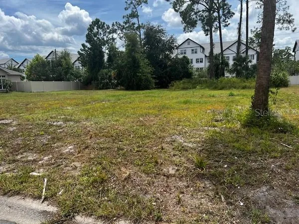 a view of a field with a trees in the background