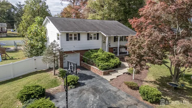 a aerial view of a house with a yard and potted plants