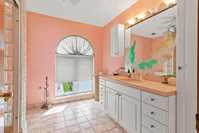 a bathroom with a sink a mirror and a shower