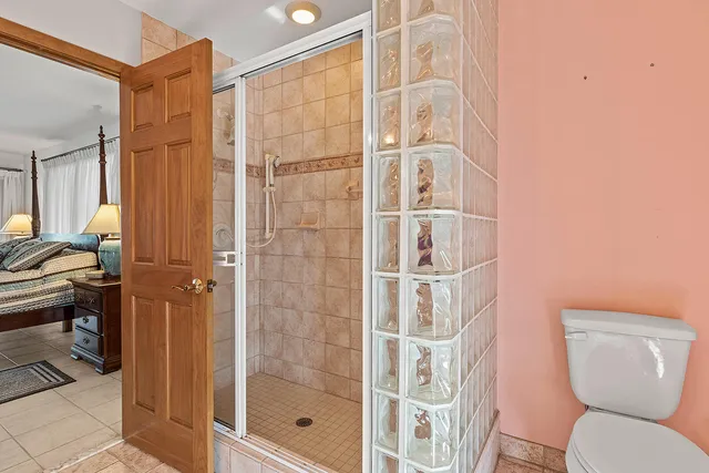a bathroom with a shower and toilet