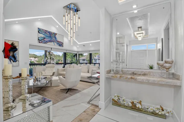 a living room with furniture flowerpot and a chandelier