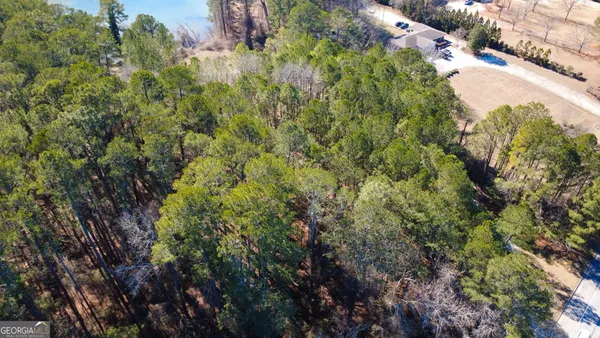an aerial view of residential houses with outdoor space and trees all around