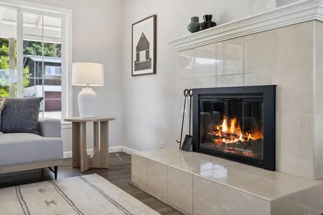 a living room with furniture and a fireplace