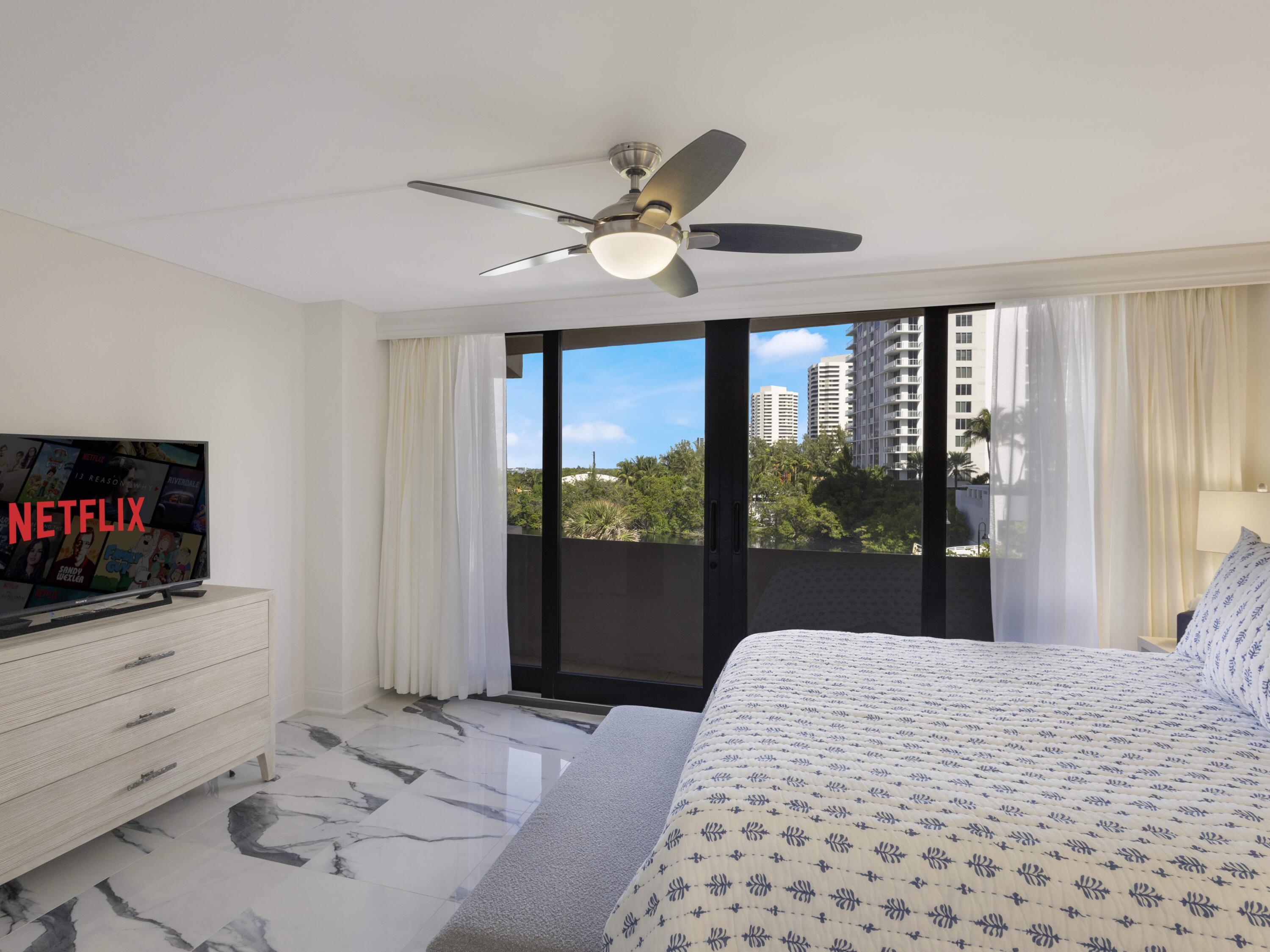 4200 North Ocean Drive, Unit 2301 Singer Island, FL 33404 - Photo 23 of 52 a bedroom with a bed and a flat screen tv