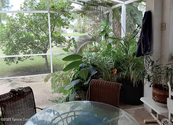 a porch with a potted plant and a large window