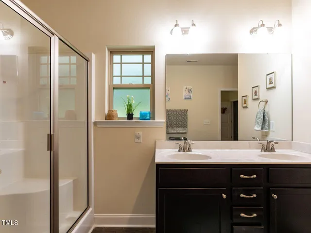 a bathroom with a sink a mirror and a shower