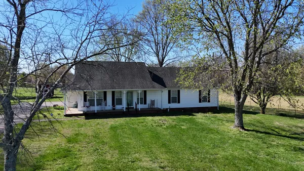 a view of a yard with a house and a large tree