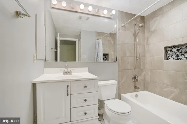 a bathroom with a toilet a sink a mirror a bathtub and vanity