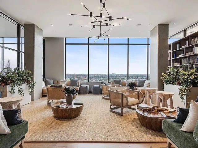 a city view with tall buildings