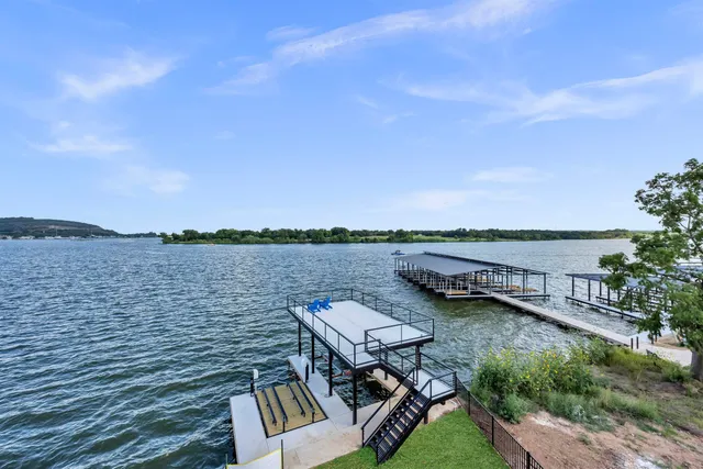 a view of a lake with a terrace