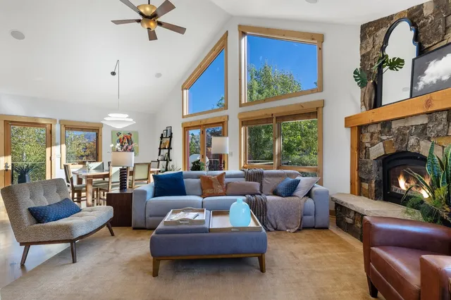 an aerial view of a house with a mountain