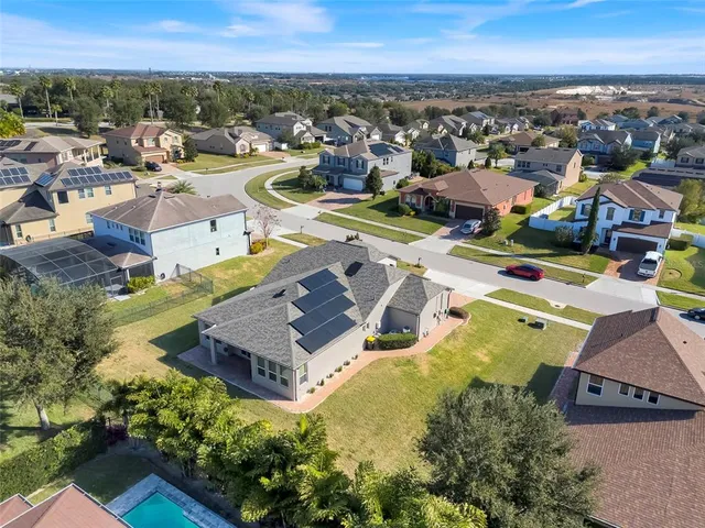 an aerial view of a house with a swimming pool