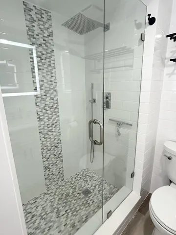 a bathroom with a shower and toilet