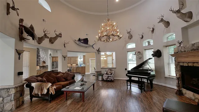 a living room with furniture or kitchen and a fireplace