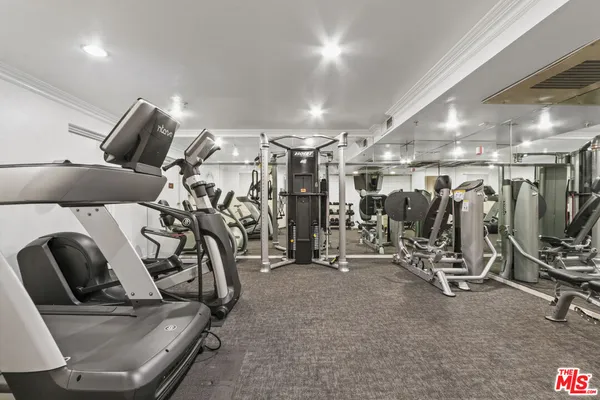 a view of a hallway with paintings on the wall and a potted plant