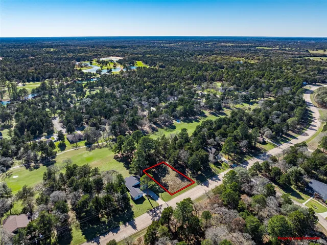 an aerial view of residential houses with outdoor space and trees