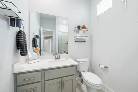 a bathroom with a sink a toilet and mirror