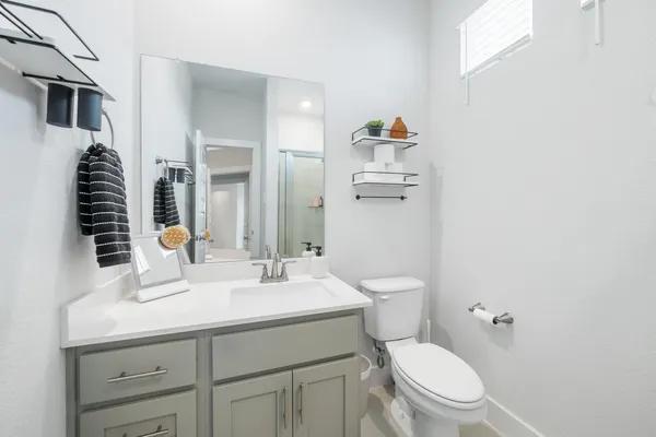 a bathroom with a sink a toilet and mirror