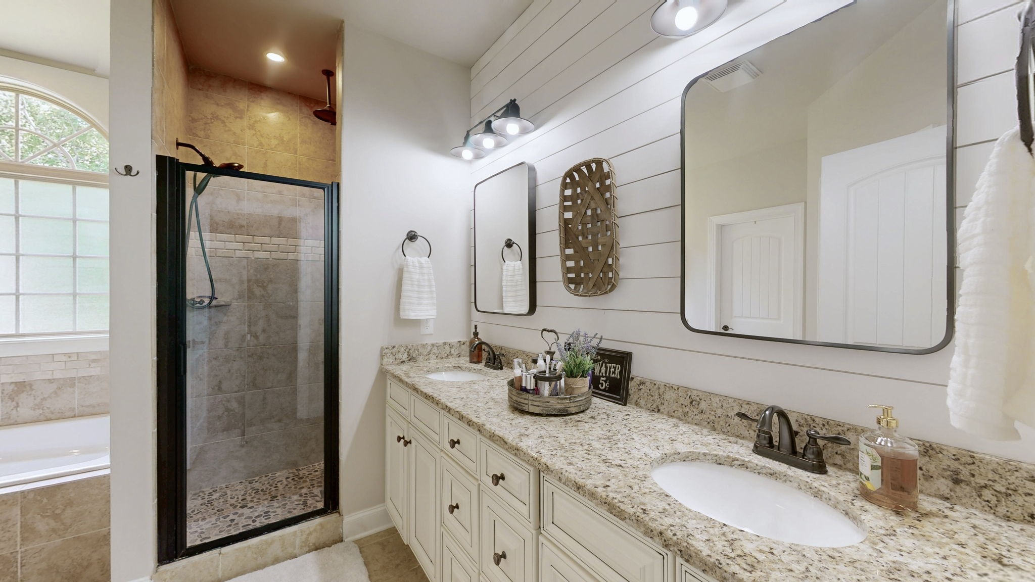 15505 Versailles Road Rockvale, TN 37153 - Photo 22 of 38 a bathroom with a granite countertop double vanity sink mirror and shower