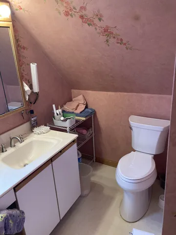 a bathroom with a sink toilet and a mirror