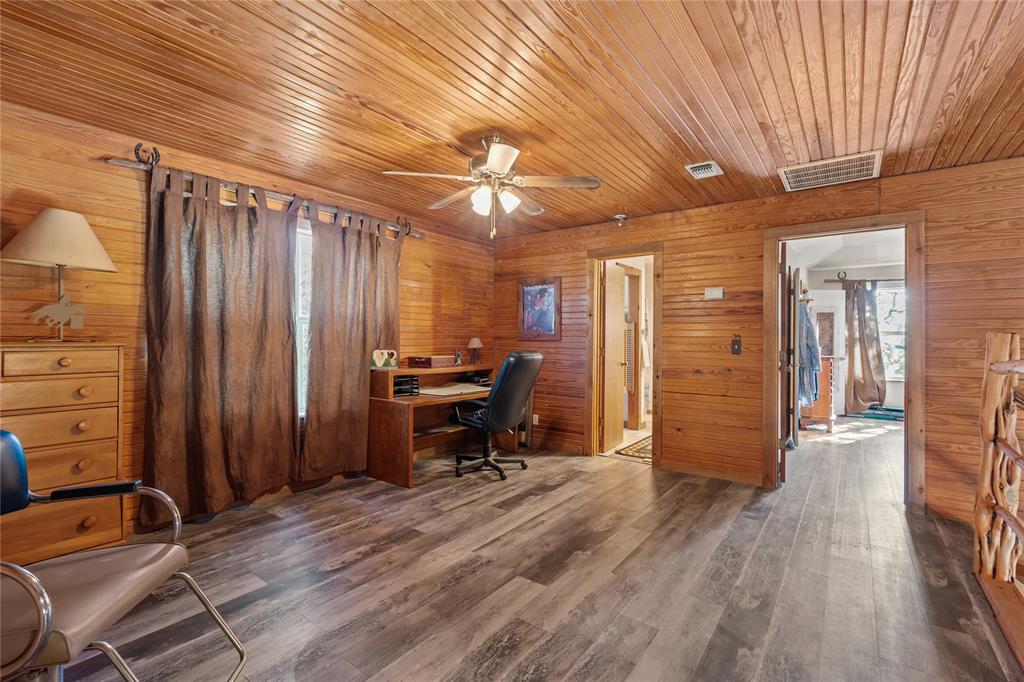 262 North Cheyenne Springtown, TX 76082 - Photo 18 of 35 Home office with dark wood-type flooring, wooden ceiling, ceiling fan, and wooden walls