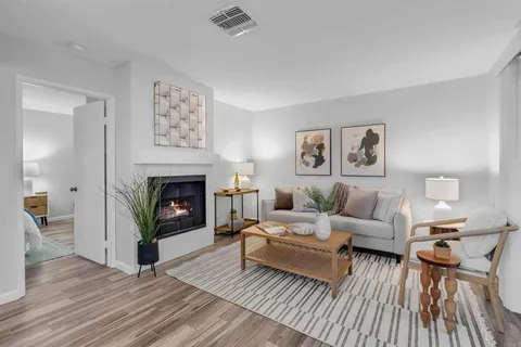 a living room with furniture and a fireplace