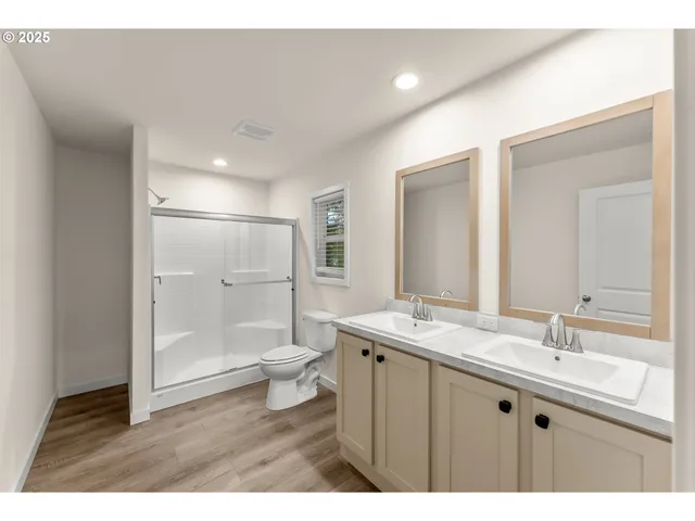 a bathroom with a sink a toilet a large mirror and shower