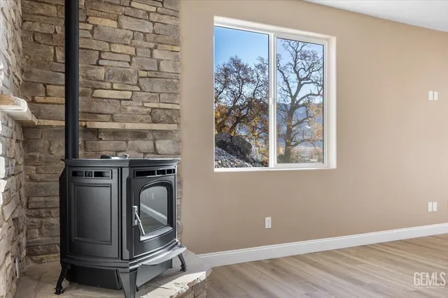 a room with a fireplace