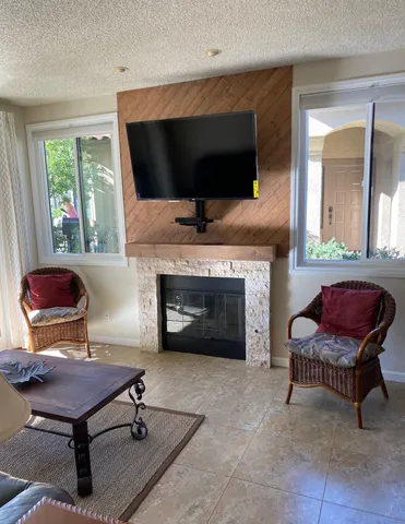 a living room with furniture a flat screen tv and a fireplace