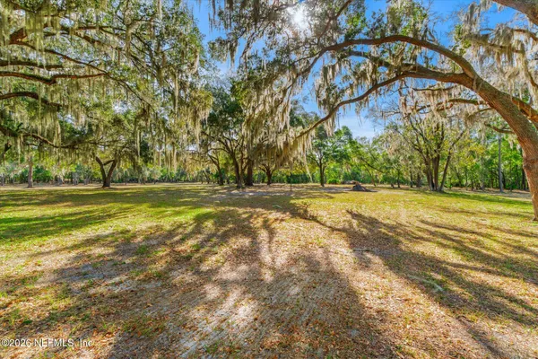 a view of a field with trees in the background